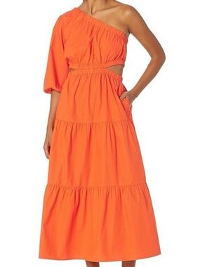 The Drop April One Shoulder Cut-out Tiered Midi Dress  ~ Fire Orange NWT